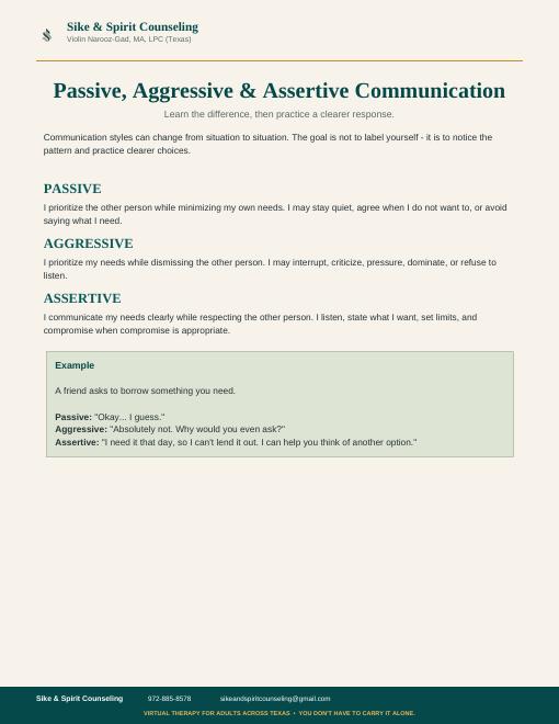 Passive, Aggressive and Assertive Communication worksheet preview