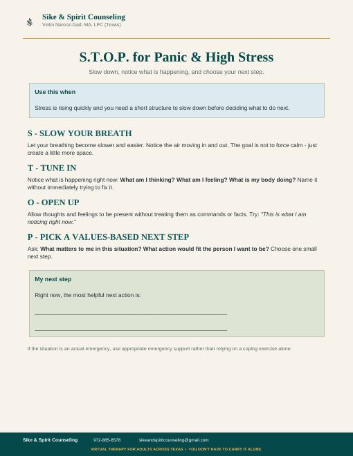STOP for Panic and Stress worksheet preview