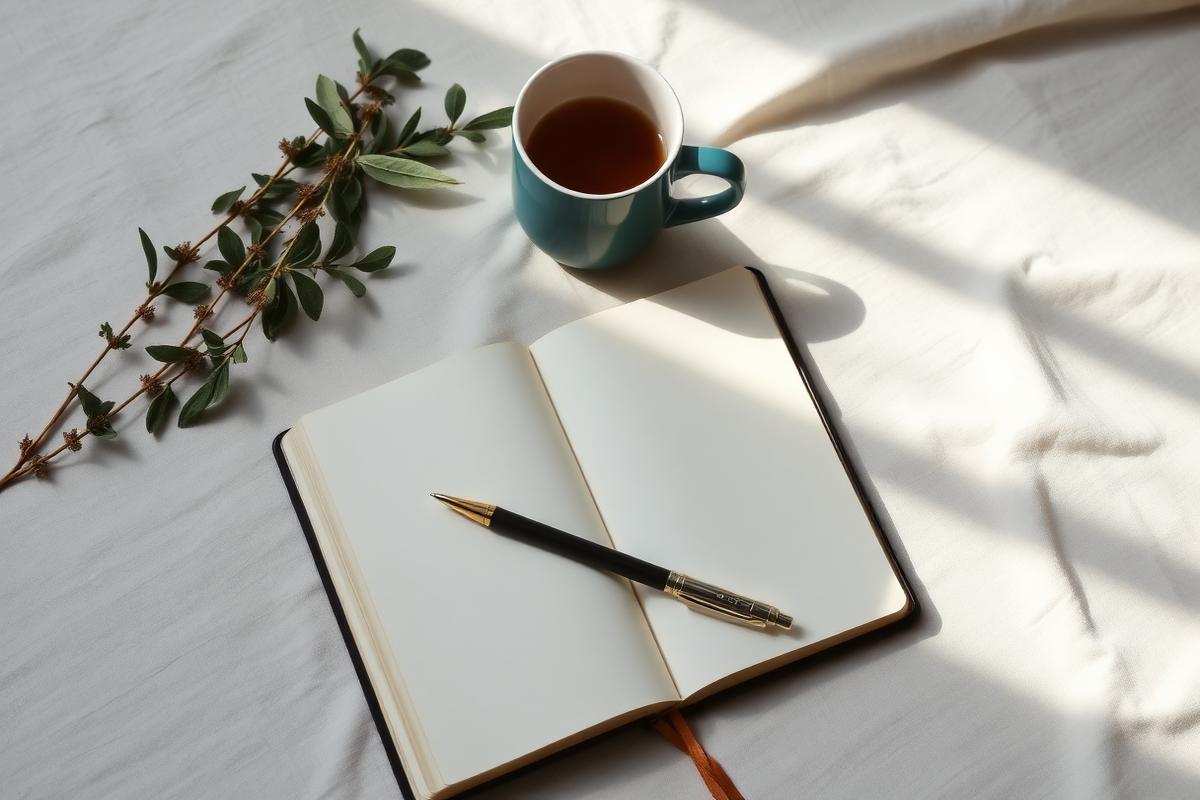 An open journal, pen, and mug of tea on a linen surface in soft light