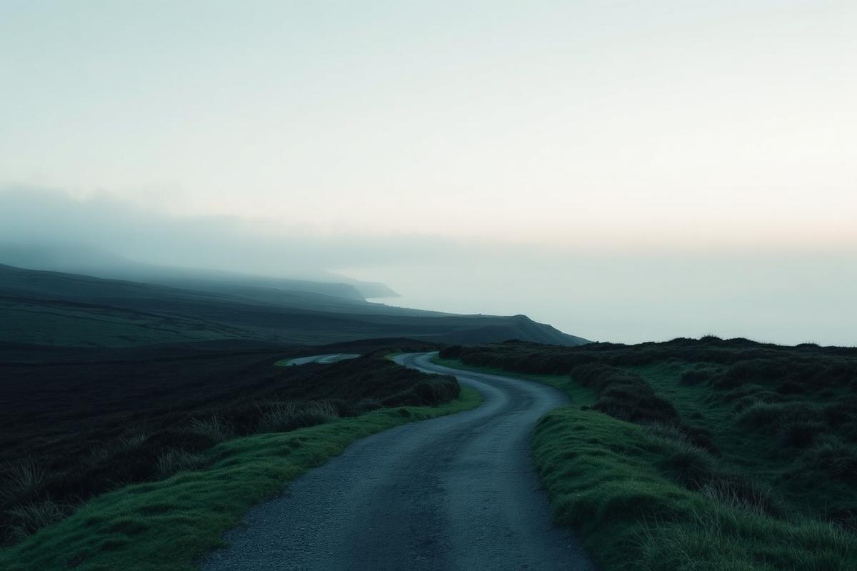 A quiet winding path through green hills at dawn