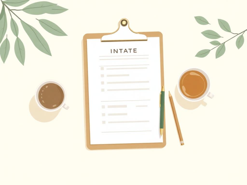 Clipboard with intake forms and a cup of tea