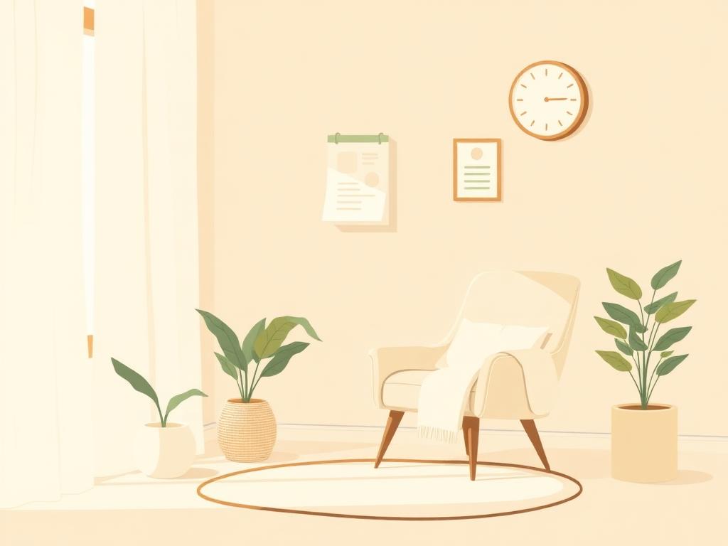 A calm therapy room with a chair and clock